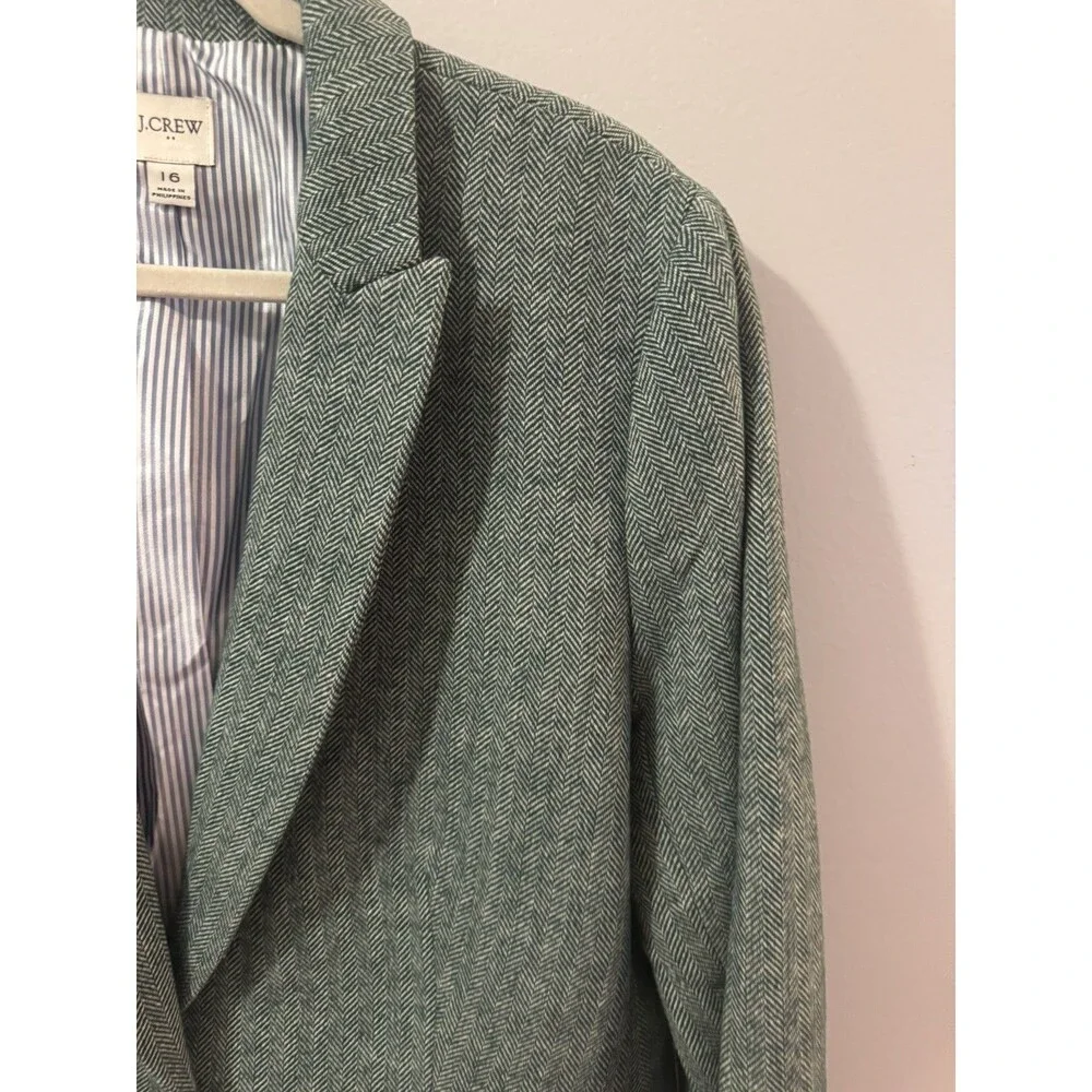 J. Crew Blazer Jacket Women's 16 Green Herringbone One Button Linen Cotton